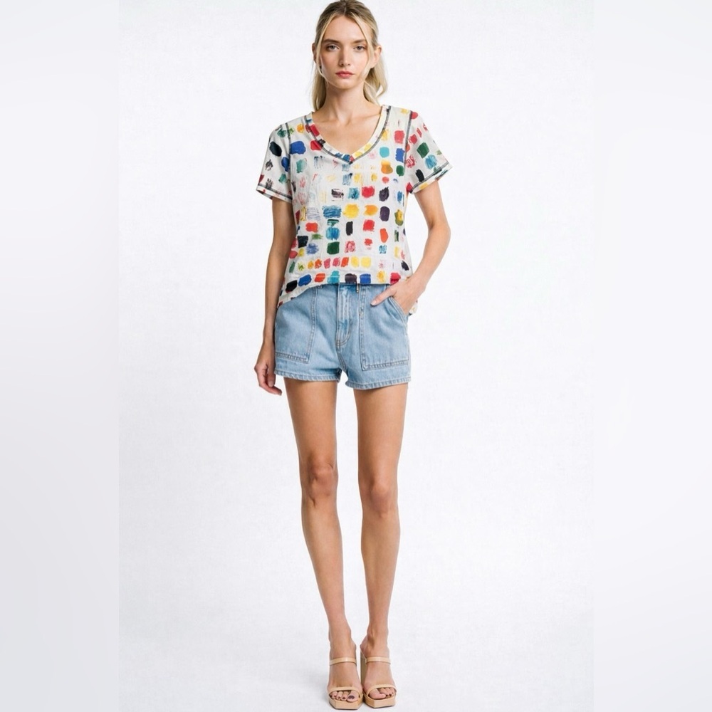 Ken Done Gallery Colorful Abstract Print V-Neck Top Exam Print Artwork 2017 M - Picture 3 of 8